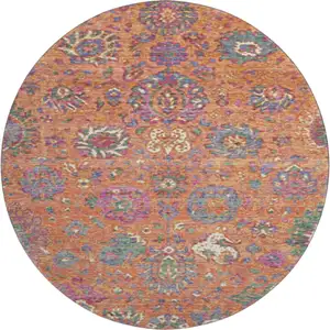 Photo of 8' Orange Blue And Pink Oriental Washable Round Rug With UV Protection