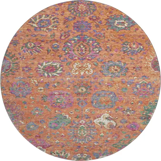 8' Orange Blue And Pink Oriental Washable Round Rug With UV Protection Photo 1