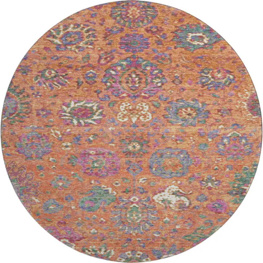 8' Orange Blue And Pink Oriental Washable Round Rug With UV Protection Photo 1