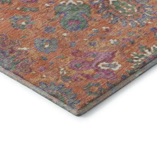 8' Orange Blue And Pink Oriental Washable Round Rug With UV Protection Photo 7