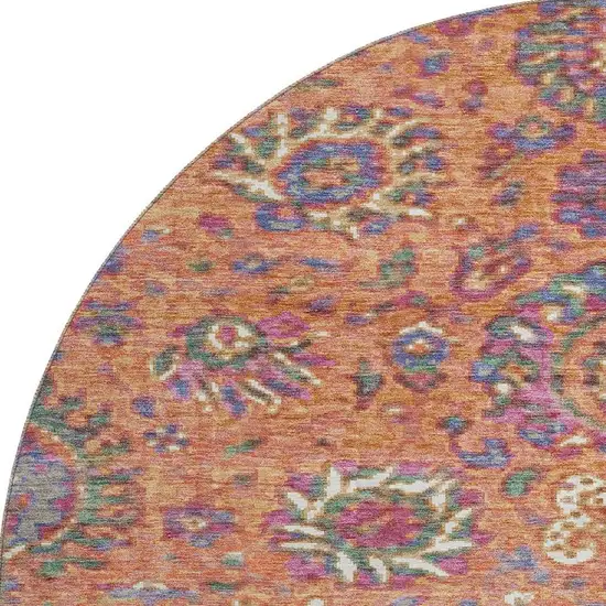 8' Orange Blue And Pink Oriental Washable Round Rug With UV Protection Photo 4