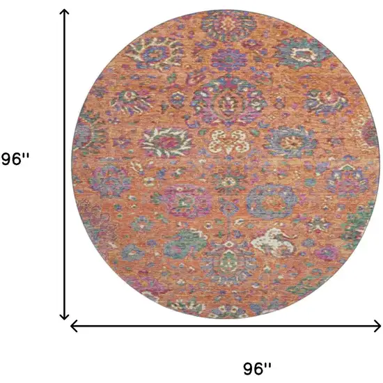 8' Orange Blue And Pink Oriental Washable Round Rug With UV Protection Photo 9