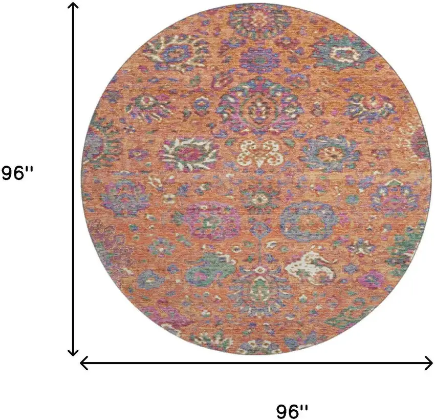 8' Orange Blue And Pink Oriental Washable Round Rug With UV Protection Photo 9