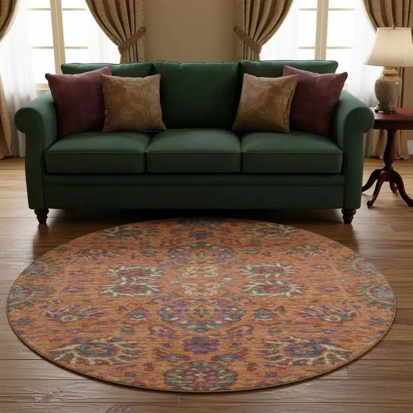 8' Orange Blue And Pink Oriental Washable Round Rug With UV Protection Photo 2