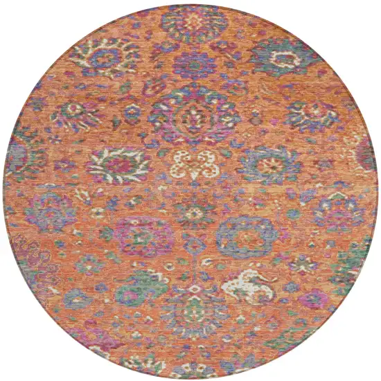 8' Orange Blue And Pink Round Floral Washable Indoor Outdoor Area Rug Photo 1