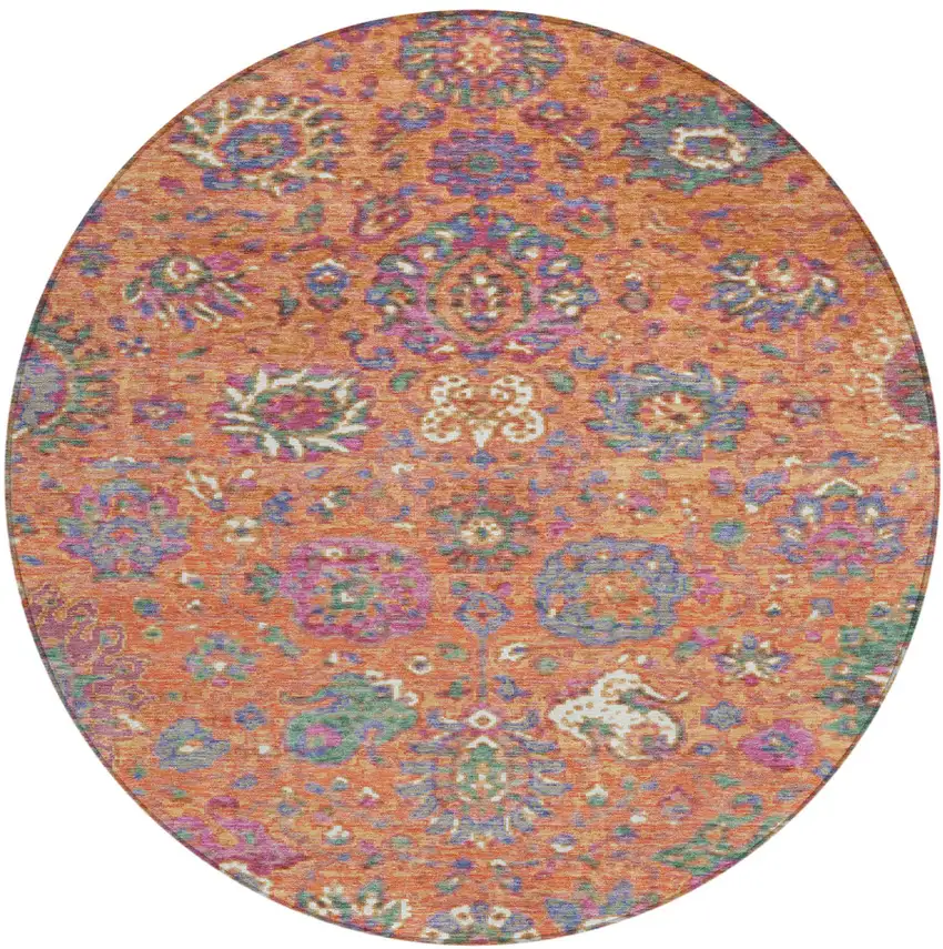 8' Orange Blue And Pink Round Floral Washable Indoor Outdoor Area Rug Photo 1