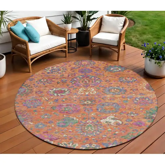 8' Orange Blue And Pink Round Floral Washable Indoor Outdoor Area Rug Photo 2