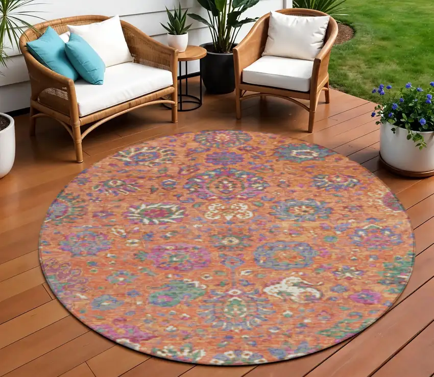 8' Orange Blue And Pink Round Floral Washable Indoor Outdoor Area Rug Photo 2