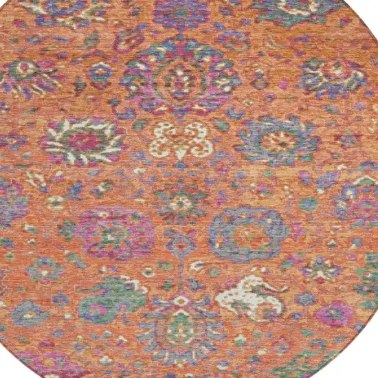 8' Orange Blue And Pink Round Floral Washable Indoor Outdoor Area Rug Photo 9