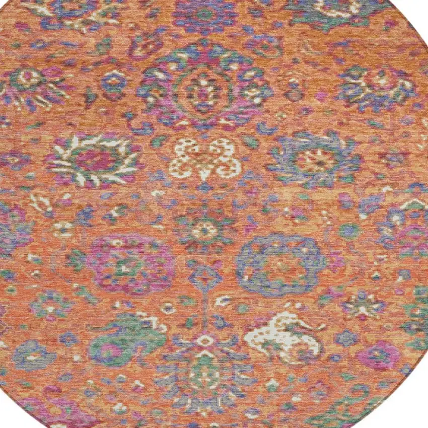 8' Orange Blue And Pink Round Floral Washable Indoor Outdoor Area Rug Photo 9