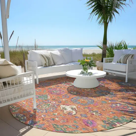 8' Orange Blue And Pink Round Floral Washable Indoor Outdoor Area Rug Photo 5