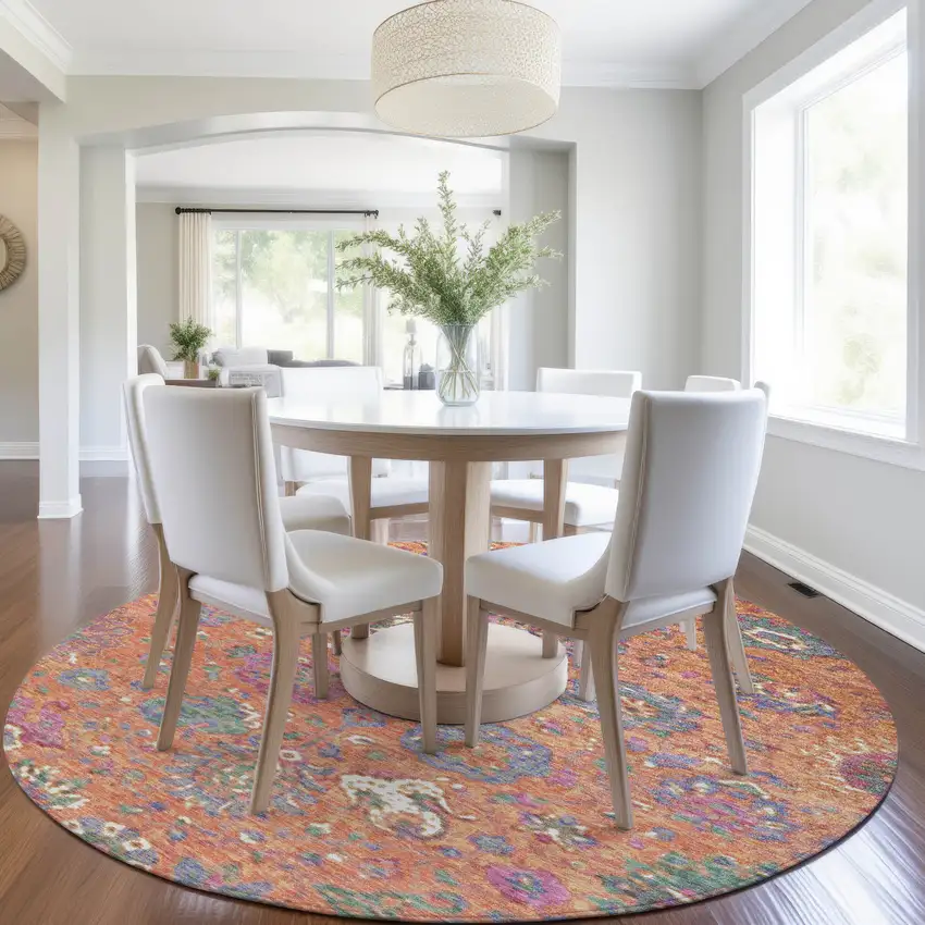 8' Orange Blue And Pink Round Floral Washable Indoor Outdoor Area Rug Photo 6