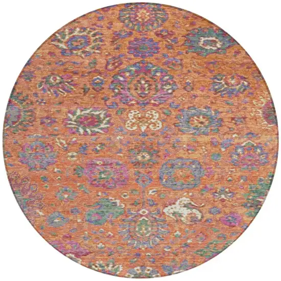 8' Orange Blue And Pink Round Floral Washable Indoor Outdoor Area Rug Photo 3