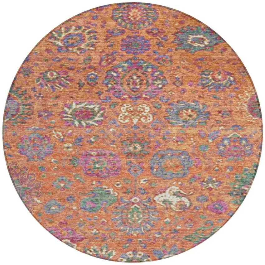 8' Orange Blue And Pink Round Floral Washable Indoor Outdoor Area Rug Photo 3