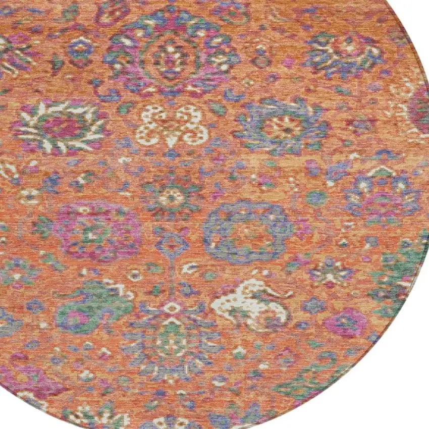 8' Orange Blue And Pink Round Floral Washable Indoor Outdoor Area Rug Photo 4