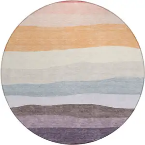 Photo of 8' Orange Blush And Lavender Round Striped Washable Indoor Outdoor Area Rug