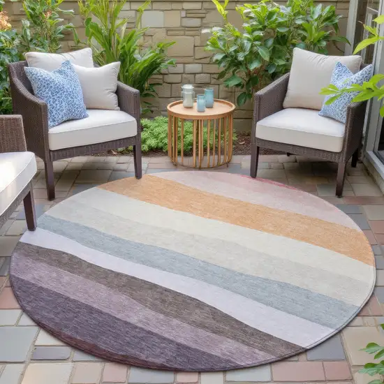 8' Orange Blush And Lavender Round Striped Washable Indoor Outdoor Area Rug Photo 6