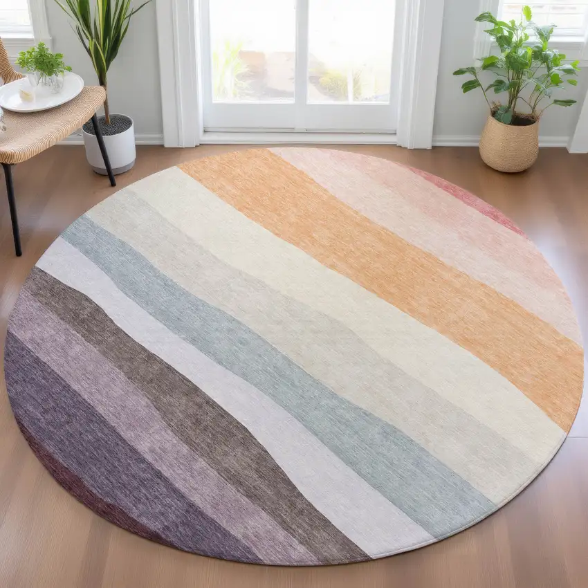 8' Orange Blush And Lavender Round Striped Washable Indoor Outdoor Area Rug Photo 7