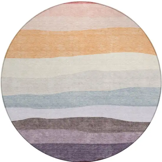 8' Orange Blush And Lavender Round Striped Washable Indoor Outdoor Area Rug Photo 3