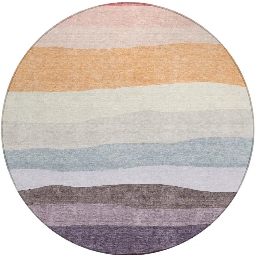 8' Orange Blush And Lavender Round Striped Washable Indoor Outdoor Area Rug Photo 3