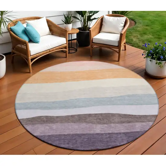 8' Orange Blush And Lavender Round Striped Washable Indoor Outdoor Area Rug Photo 2