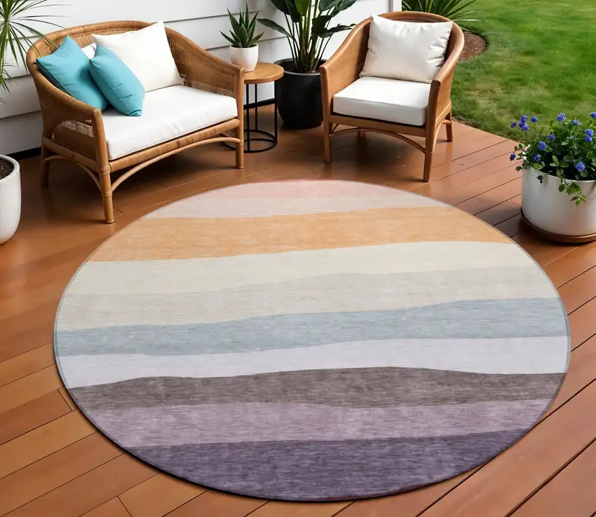8' Orange Blush And Lavender Round Striped Washable Indoor Outdoor Area Rug Photo 2
