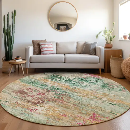 8' Orange Blush And Teal Blue Round Abstract Washable Indoor Outdoor Area Rug Photo 6