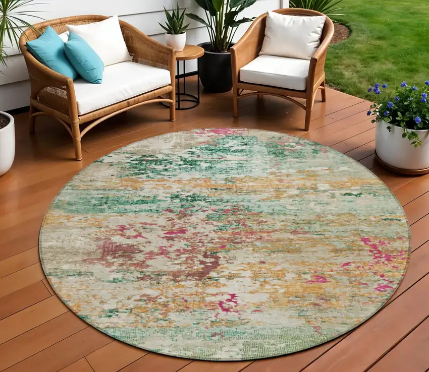 8' Orange Blush And Teal Blue Round Abstract Washable Indoor Outdoor Area Rug Photo 2