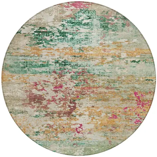 8' Orange Blush And Teal Blue Round Abstract Washable Indoor Outdoor Area Rug Photo 3