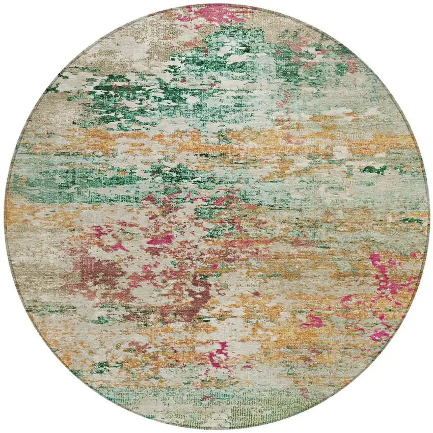 8' Orange Blush And Teal Blue Round Abstract Washable Indoor Outdoor Area Rug Photo 3