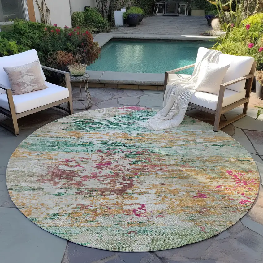 8' Orange Blush And Teal Blue Round Abstract Washable Indoor Outdoor Area Rug Photo 5