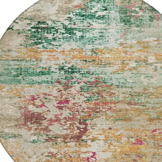 8' Orange Blush And Teal Blue Round Abstract Washable Indoor Outdoor Area Rug Photo 4
