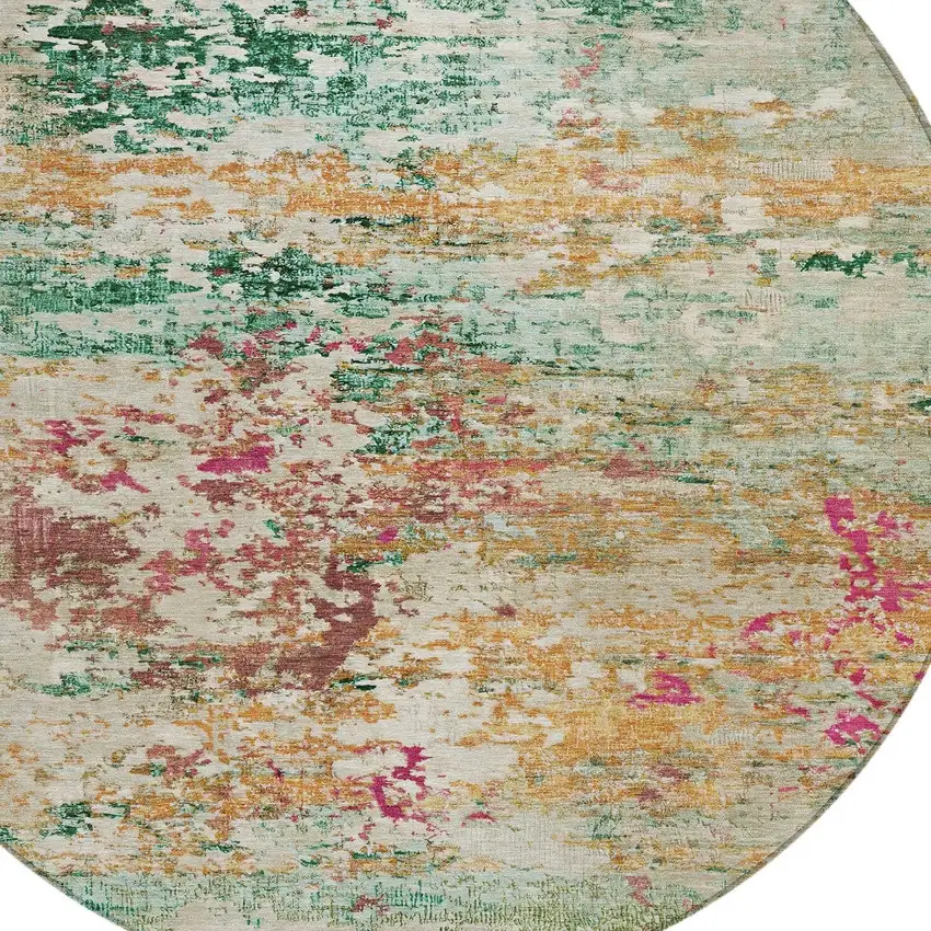 8' Orange Blush And Teal Blue Round Abstract Washable Indoor Outdoor Area Rug Photo 8