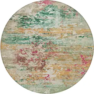 Photo of 8' Orange Blush And Teal Blue Round Abstract Washable Indoor Outdoor Area Rug