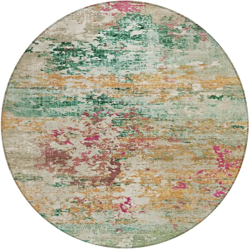8' Orange Blush And Teal Blue Round Abstract Washable Indoor Outdoor Area Rug Photo 1