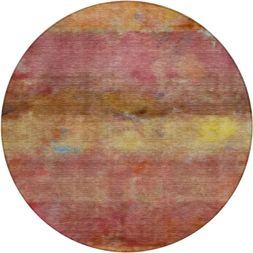 8' Orange Blush And Yellow Round Abstract Washable Indoor Outdoor Area Rug Photo 2