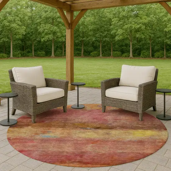 8' Orange Blush And Yellow Round Abstract Washable Indoor Outdoor Area Rug Photo 8