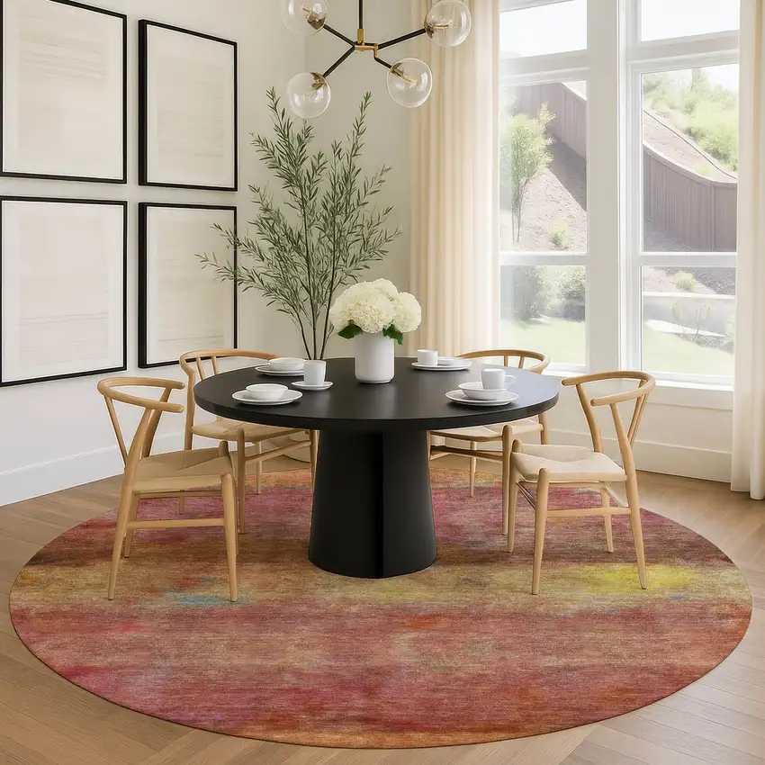 8' Orange Blush And Yellow Round Abstract Washable Indoor Outdoor Area Rug Photo 9
