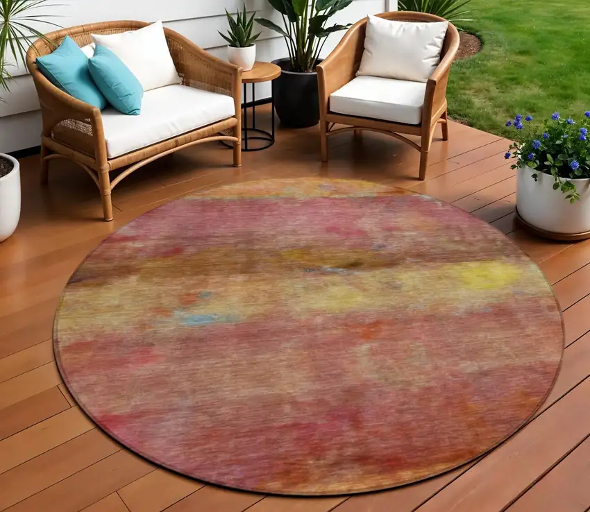 8' Orange Blush And Yellow Round Abstract Washable Indoor Outdoor Area Rug Photo 1