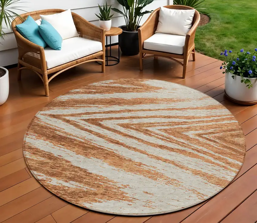 8' Orange Brown And Beige Round Abstract Washable Indoor Outdoor Area Rug Photo 1