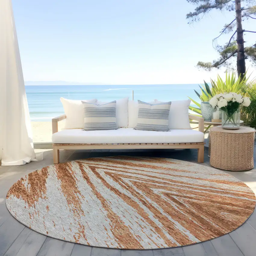8' Orange Brown And Beige Round Abstract Washable Indoor Outdoor Area Rug Photo 6