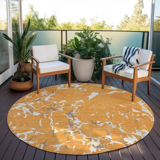8' Orange Brown And Ivory Round Striped Washable Indoor Outdoor Area Rug Photo 8
