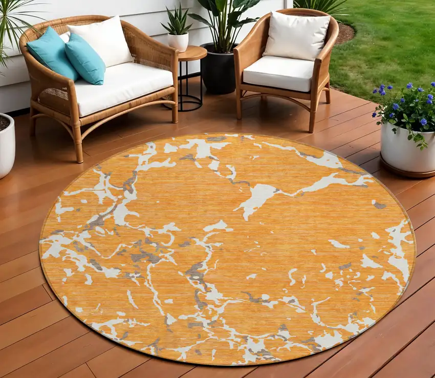 8' Orange Brown And Ivory Round Striped Washable Indoor Outdoor Area Rug Photo 1