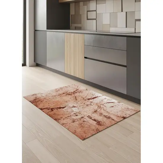 5' Orange Brown And White Abstract Washable Round Rug With UV Protection Photo 1