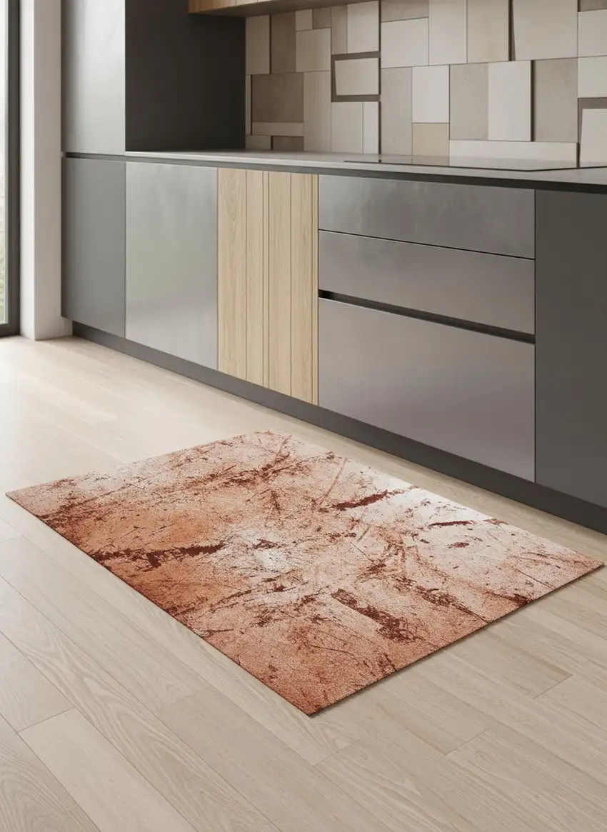 5' Orange Brown And White Abstract Washable Round Rug With UV Protection Photo 1