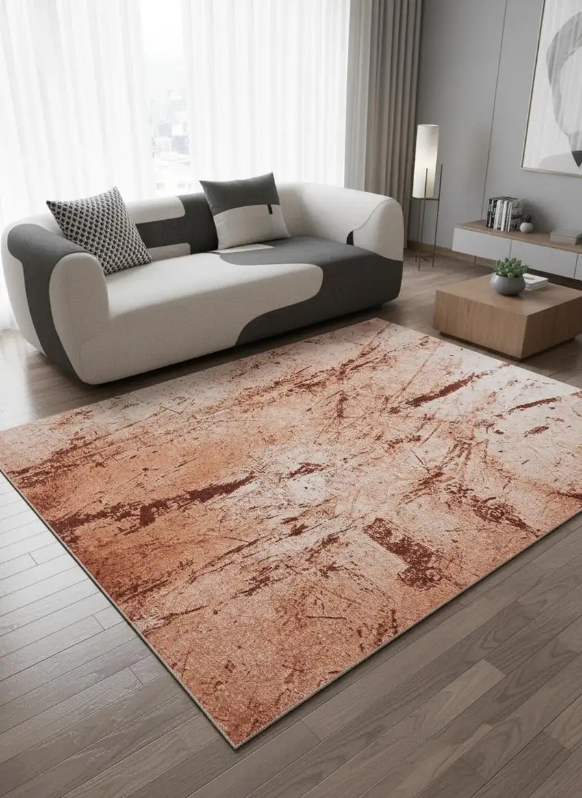 8' Orange Brown And White Abstract Washable Round Rug With UV Protection Photo 1