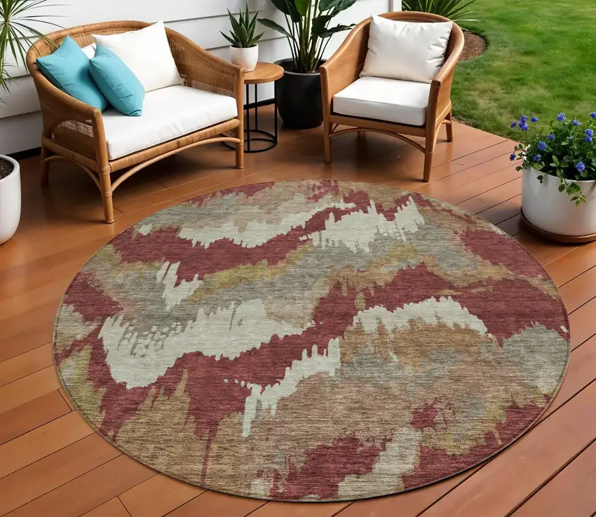 8' Orange Copper And Beige Round Abstract Washable Indoor Outdoor Area Rug Photo 1