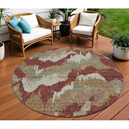 8' Orange Copper And Beige Round Abstract Washable Indoor Outdoor Area Rug Photo 1