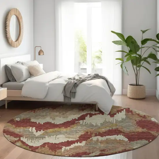 8' Orange Copper And Beige Round Abstract Washable Indoor Outdoor Area Rug Photo 8