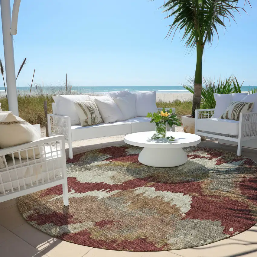 8' Orange Copper And Beige Round Abstract Washable Indoor Outdoor Area Rug Photo 7